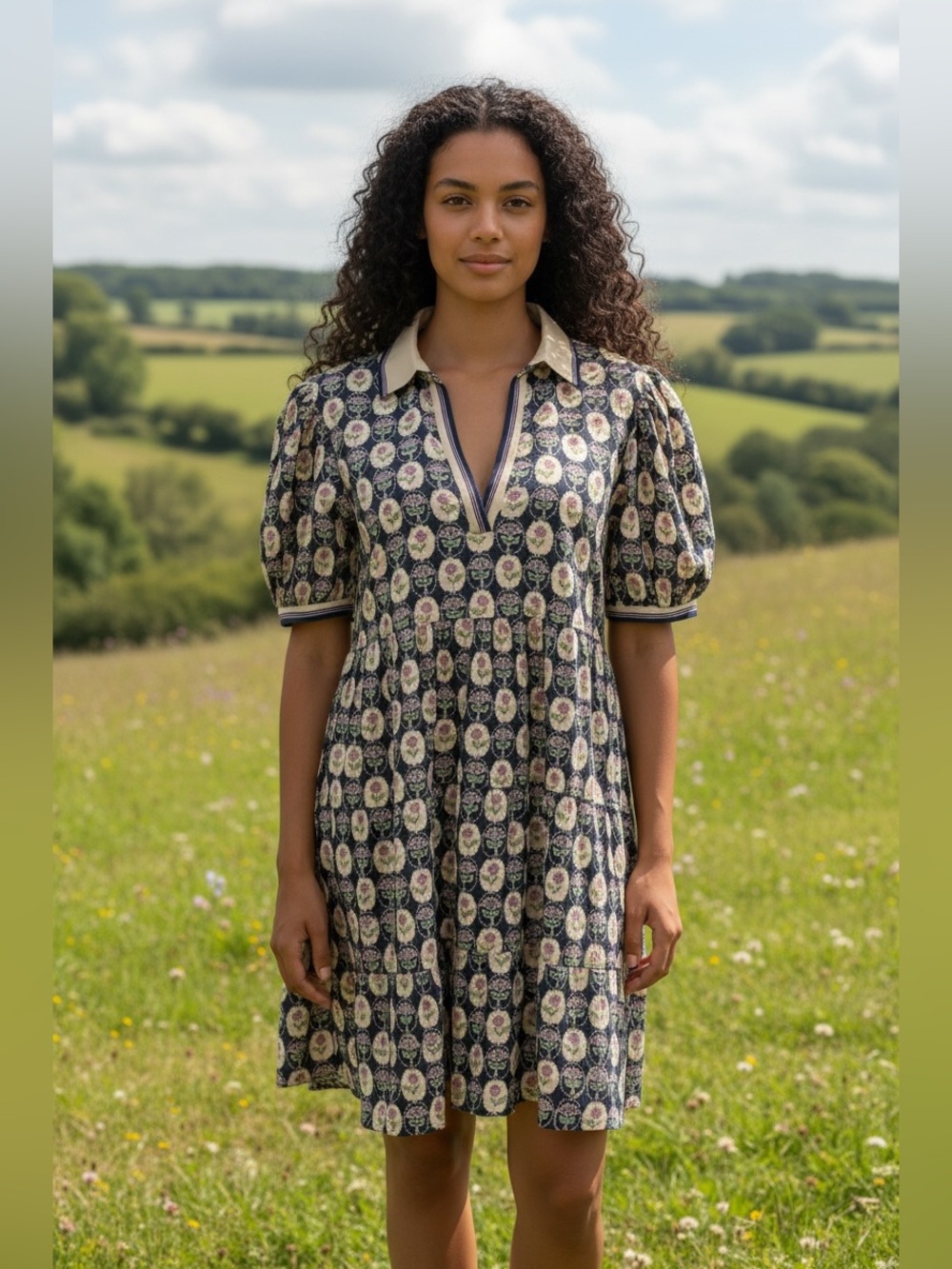 SHE +SKY Dreaming of Petals Mini Dress — Navy- Pink & Cream Floral Motifs NWT